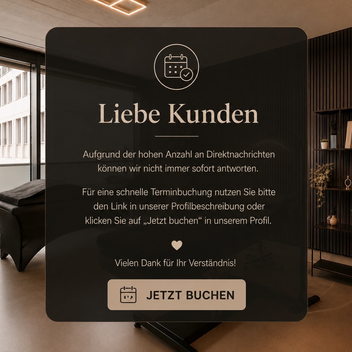 Liebe Kundinnen,

falls Sie Fragen zur Terminbuchung haben, Unterst&uuml;tzung bei der Auswahl des passenden Styles ben&ouml;tigen oder eine pers&ouml;nliche Beratung w&uuml;nschen, helfen wir Ihnen gerne &uuml;ber unsere Direct Messages weiter.

Auf