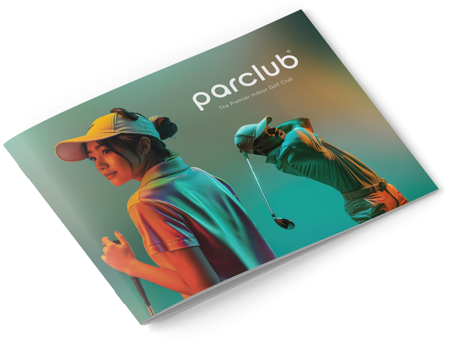 A brochure for Parclub, an indoor golf facility, featuring a woman in a yellow cap and a man in a green cap preparing for a golf swing, against a gradient background.