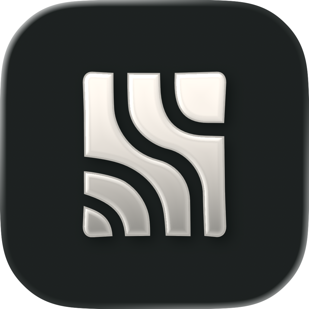 Icon with a stylized RSS feed symbol in white on a black background.