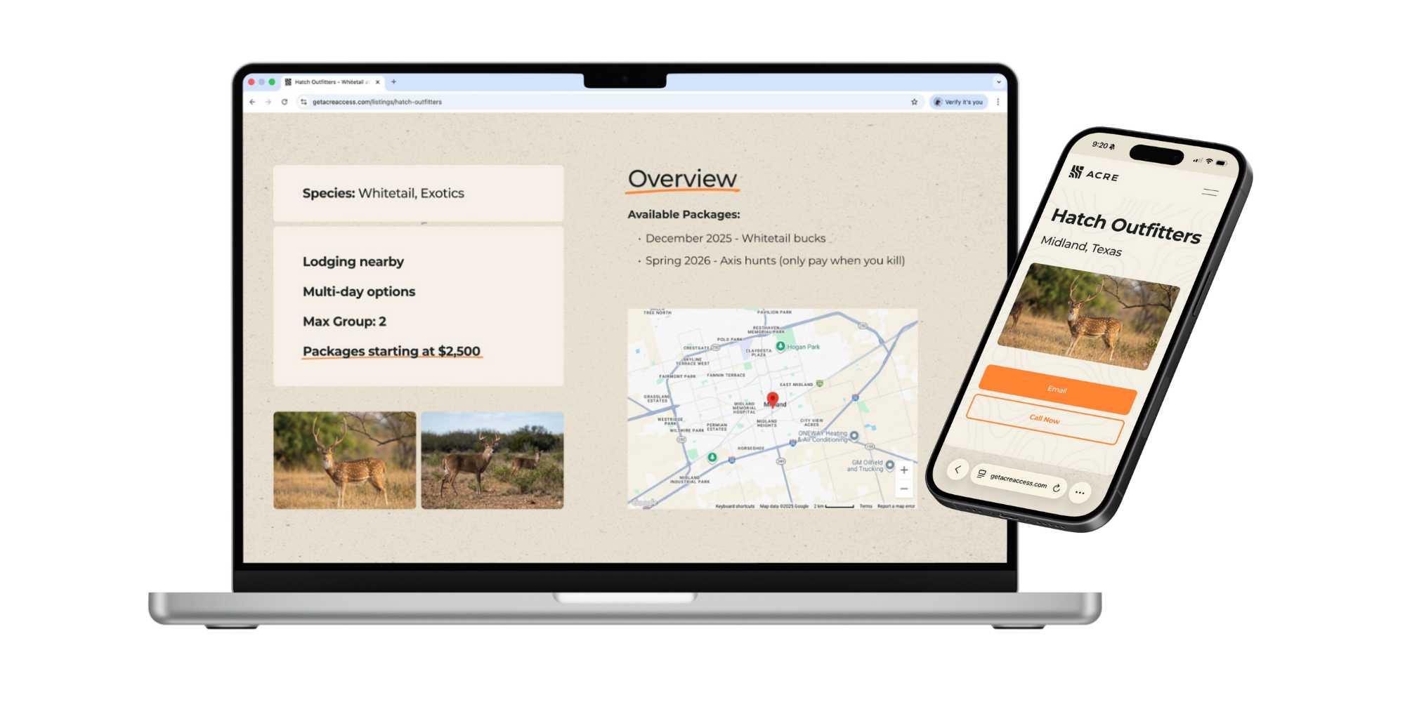 A mockup of devices with hunting outfitter listings