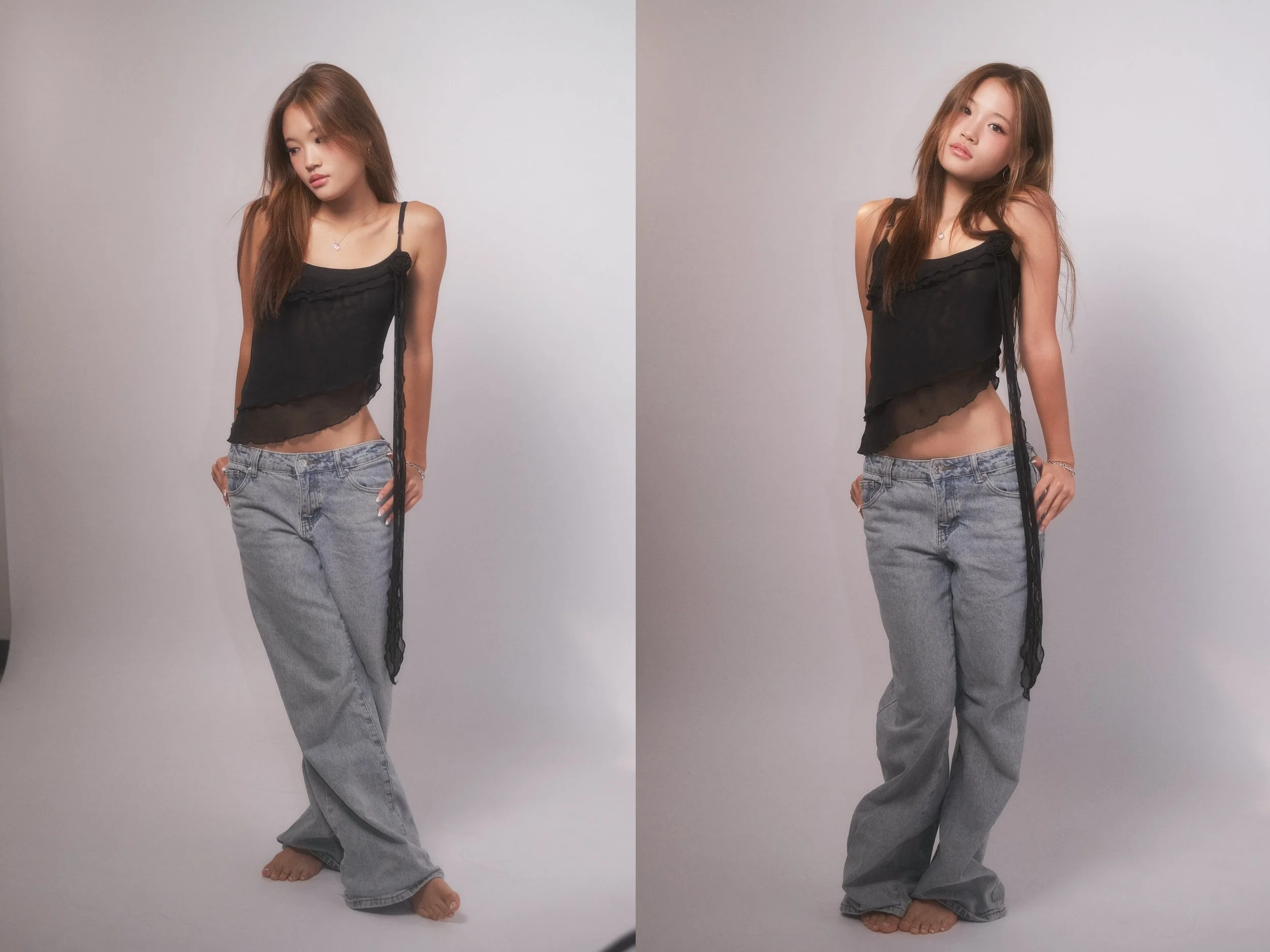 Side-by-side photos of a young woman with long brown hair posing against a plain light gray background. She is wearing a black sleeveless top with thin straps and loose gray jeans, barefoot. In the left photo, she looks downward with her hands in her