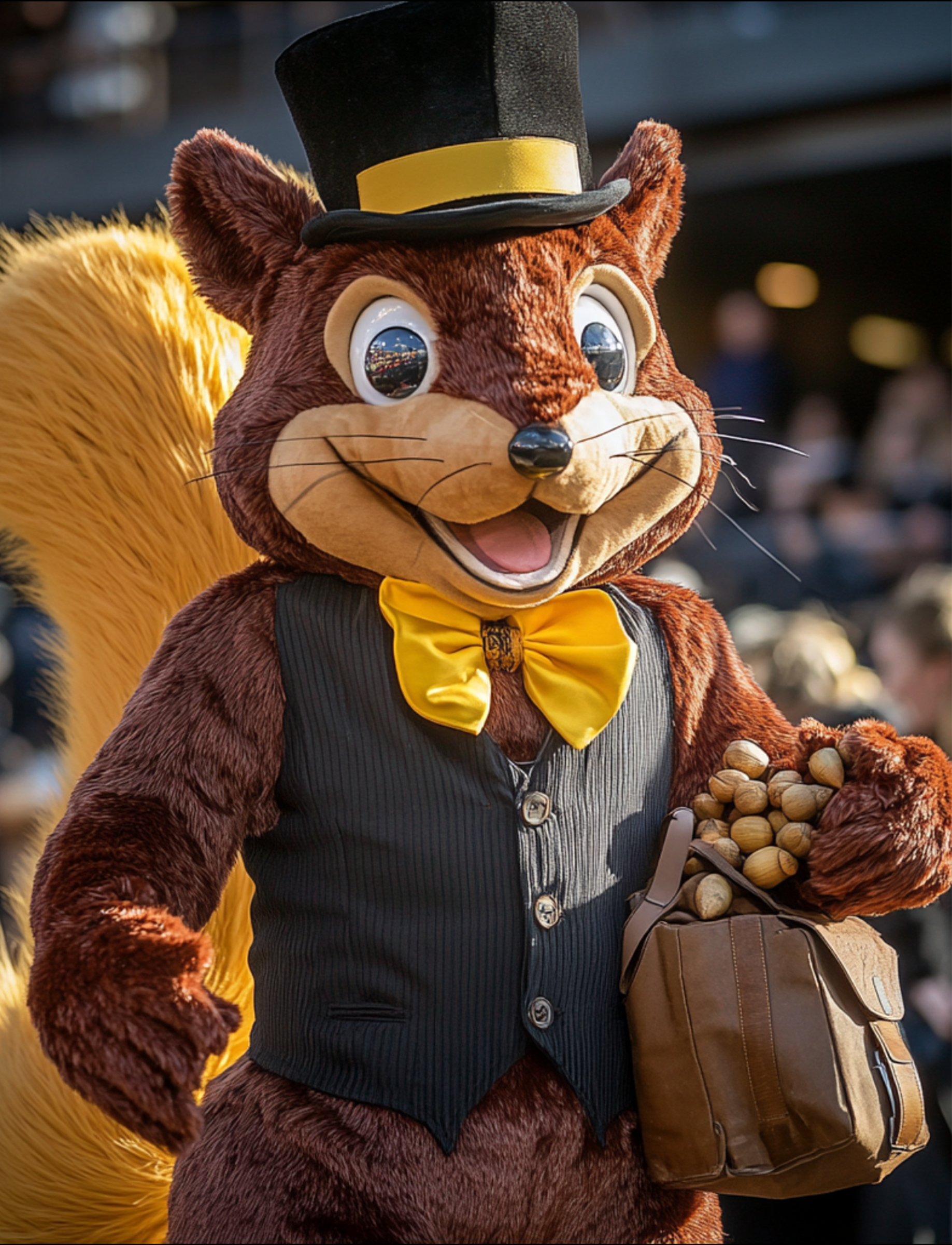 SQUIRREL

MASCOT “MOOD”: Energetic, silly, restless

MOVEMENTS AND BEHAVIORS // Fast twitchy motions – tail wiggles, fake digging, fake “stashing” acorns in pockets or satchel
// Hyper hops, spins, and jumps
// Climbs on things (safe ledges, walls, r