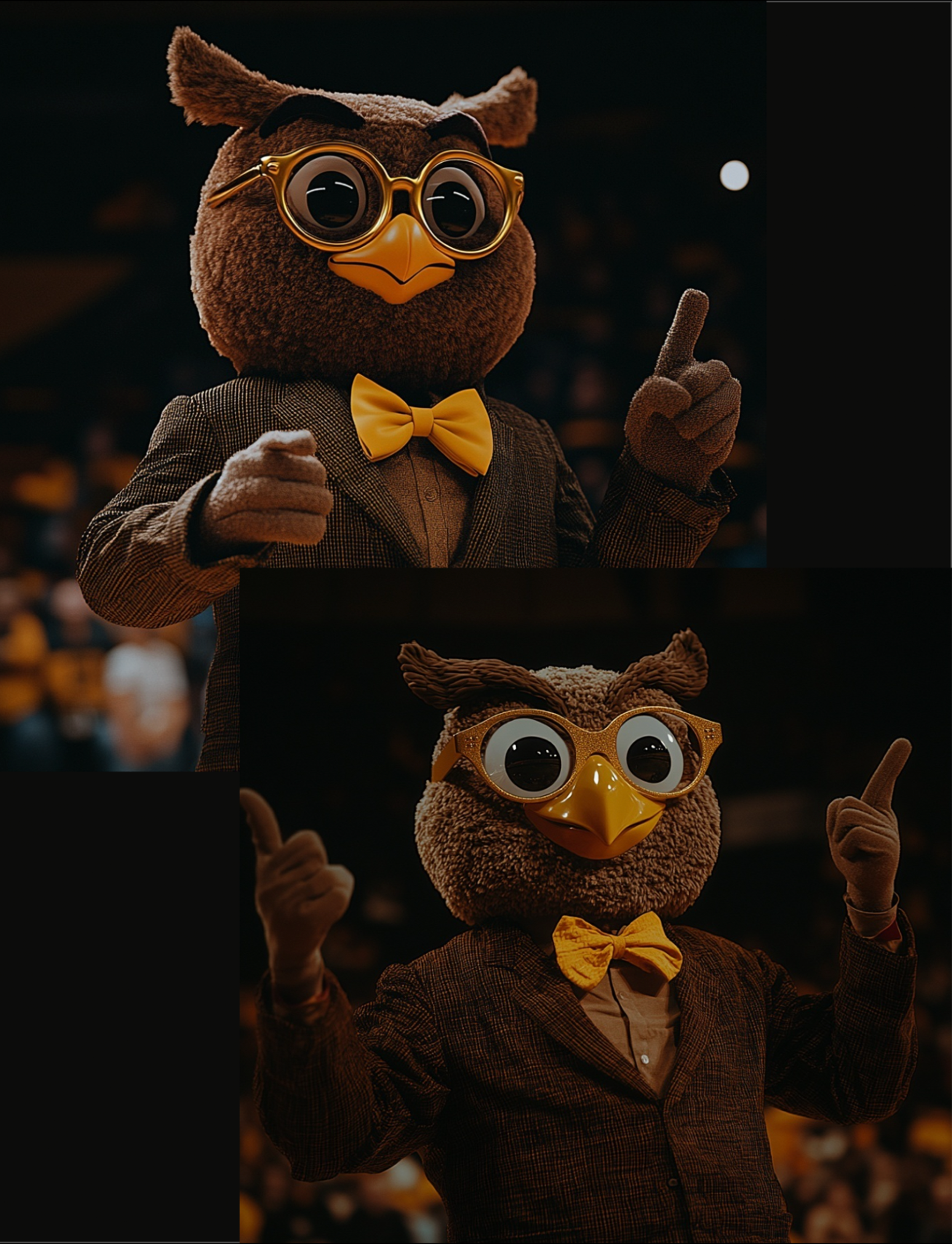 OWL
MASCOT “MOOD”: Calm, educational, wise

MOVEMENTS AND BEHAVIORS// Slow head turns to intimidate individual audience members for laughs
// Fake “consulting” with a player/joining in on huddles, talking about what to do next, symbolizing that peopl