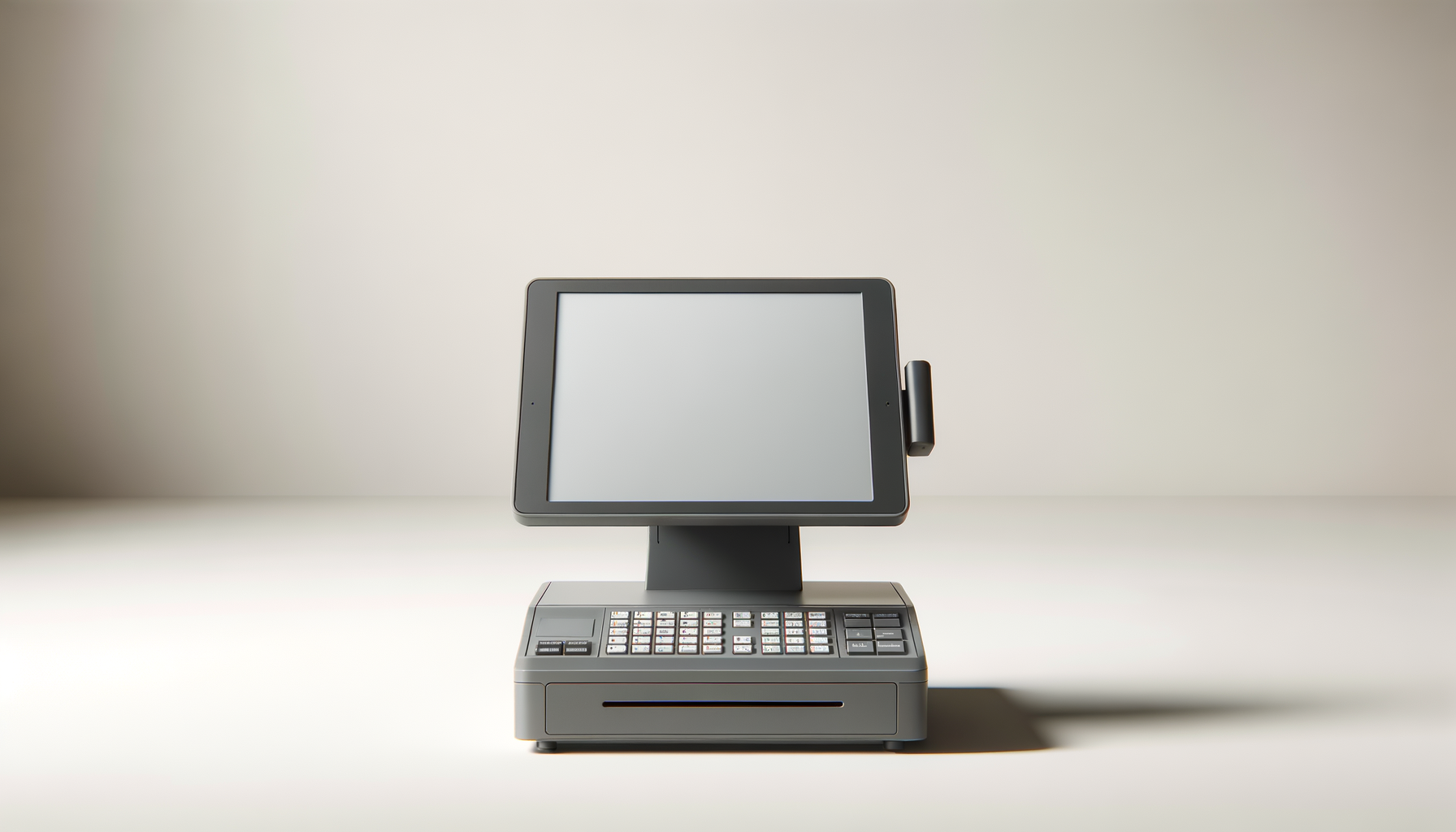 Point of sale system with a touchscreen monitor and cash register keyboard on a white surface.