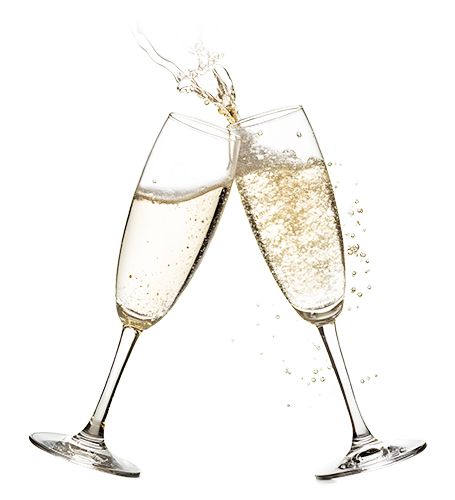 Two champagne flutes clinking, with champagne pouring into one glass, against a black background.