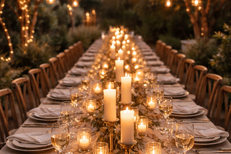 A long outdoor dinner table decorated with candles and greenery, illuminated with strings of fairy lights in the background.