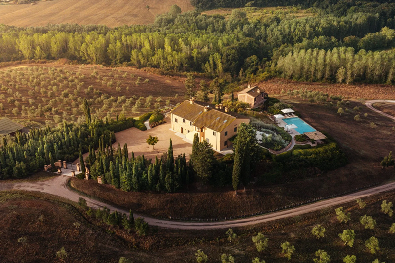 An aerial view of a countryside estate with a large house, swimming pool, driveway, and surrounding vineyards and greenery.
