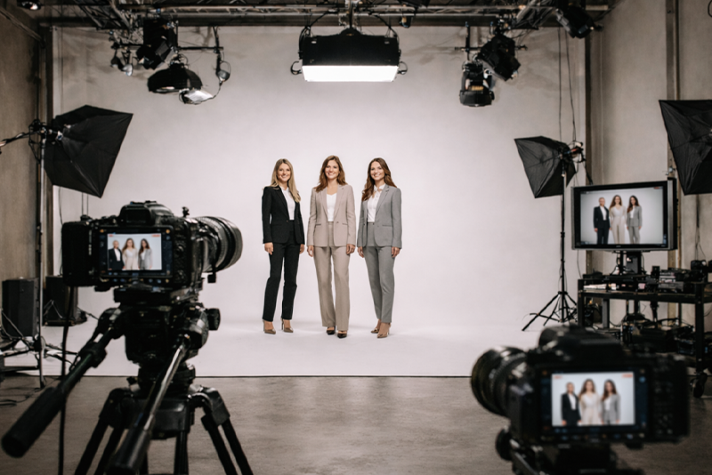Three women in professional attire standing together in a photography studio with lighting and camera equipment.