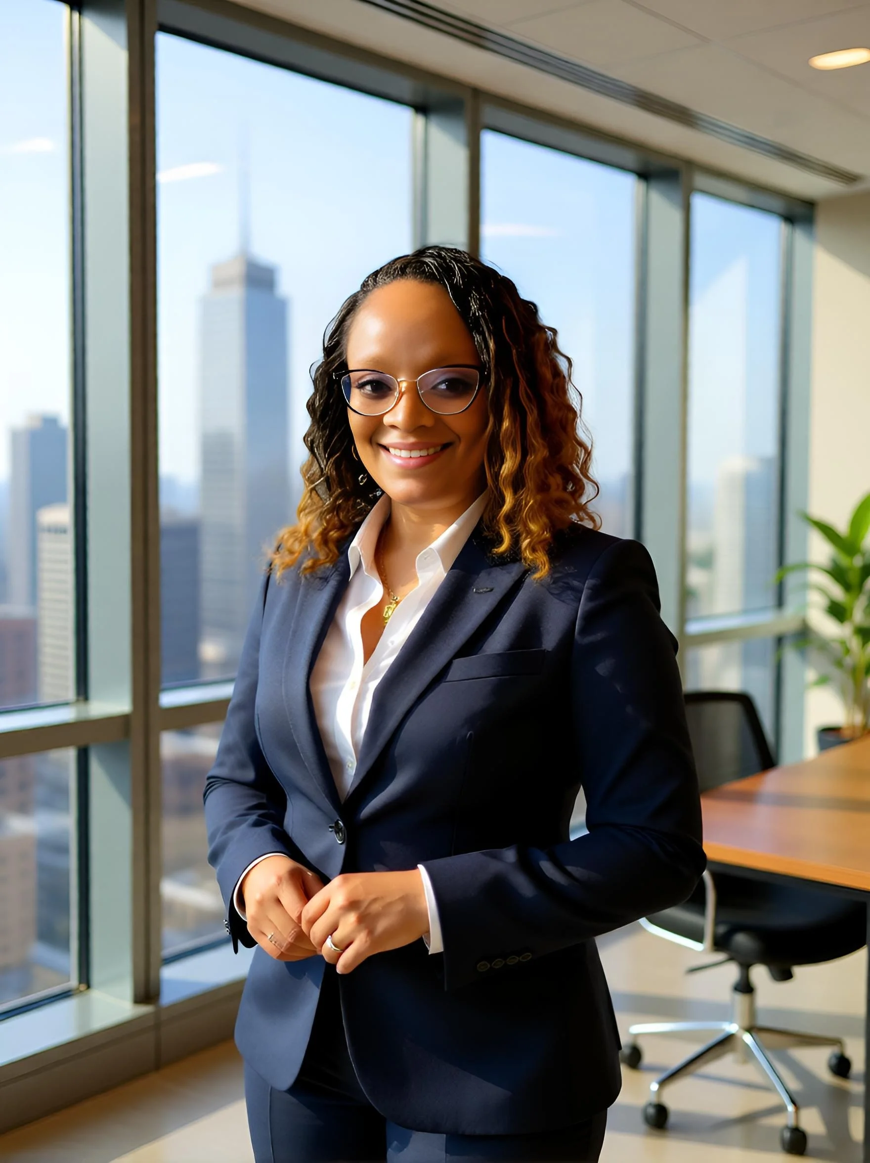 A smiling woman in a navy business suit and glasses standing in a modern office with large windows and city skyline view.