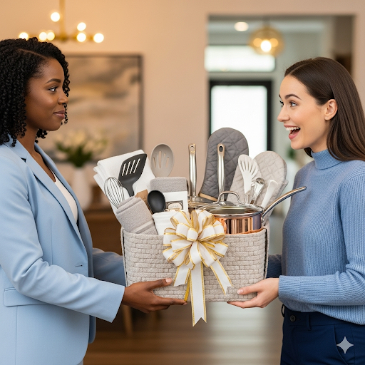 Two women exchanging a gift basket filled with kitchen utensils and cookware in a bright, modern home.