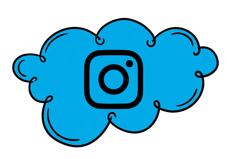 Blue cloud with black outline and an Instagram logo in the center.