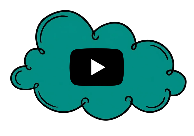 A cartoon-style teal cloud with black outline and a black play button in the center.