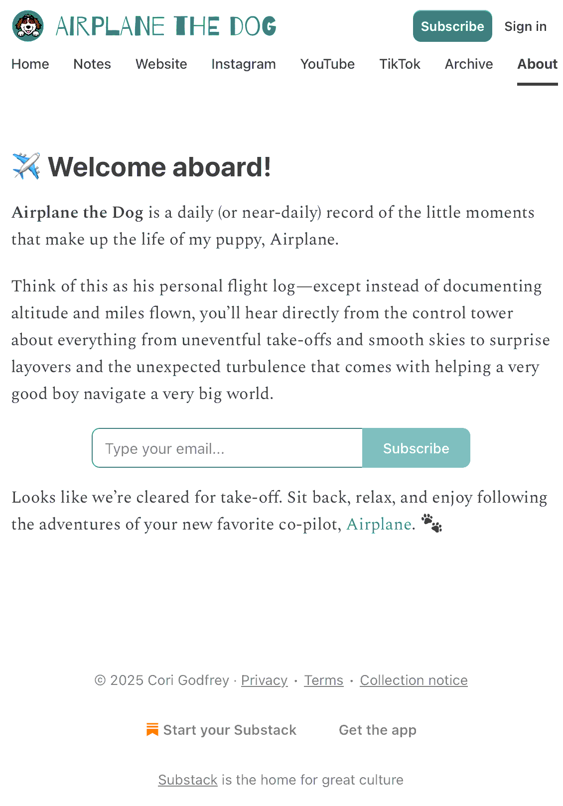 Screenshot of the website 'Airplane the Dog' featuring a welcome message, a subscription form, and navigation options.