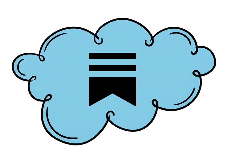 Blue cloud with black badge and lines.