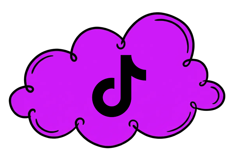 A purple cloud-shaped graphic with the black TikTok logo in the center.