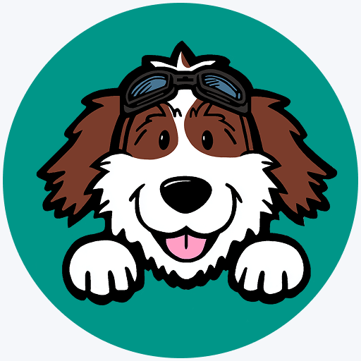A cartoon dog with goggles on its head, winking, with its paws out front, inside a teal circle.