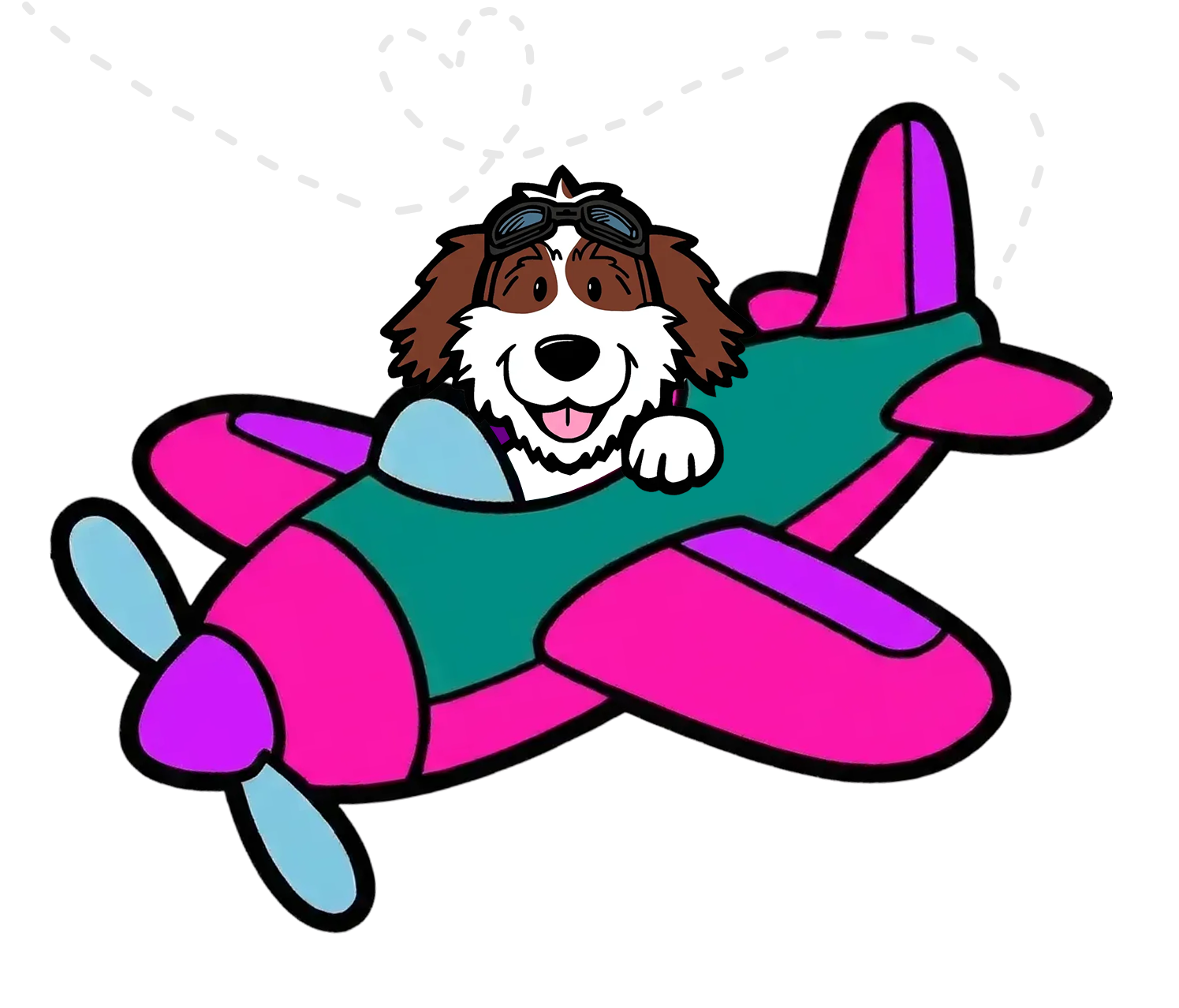 A cartoon dog wearing sunglasses flying a colorful airplane with pink, purple, and teal accents.