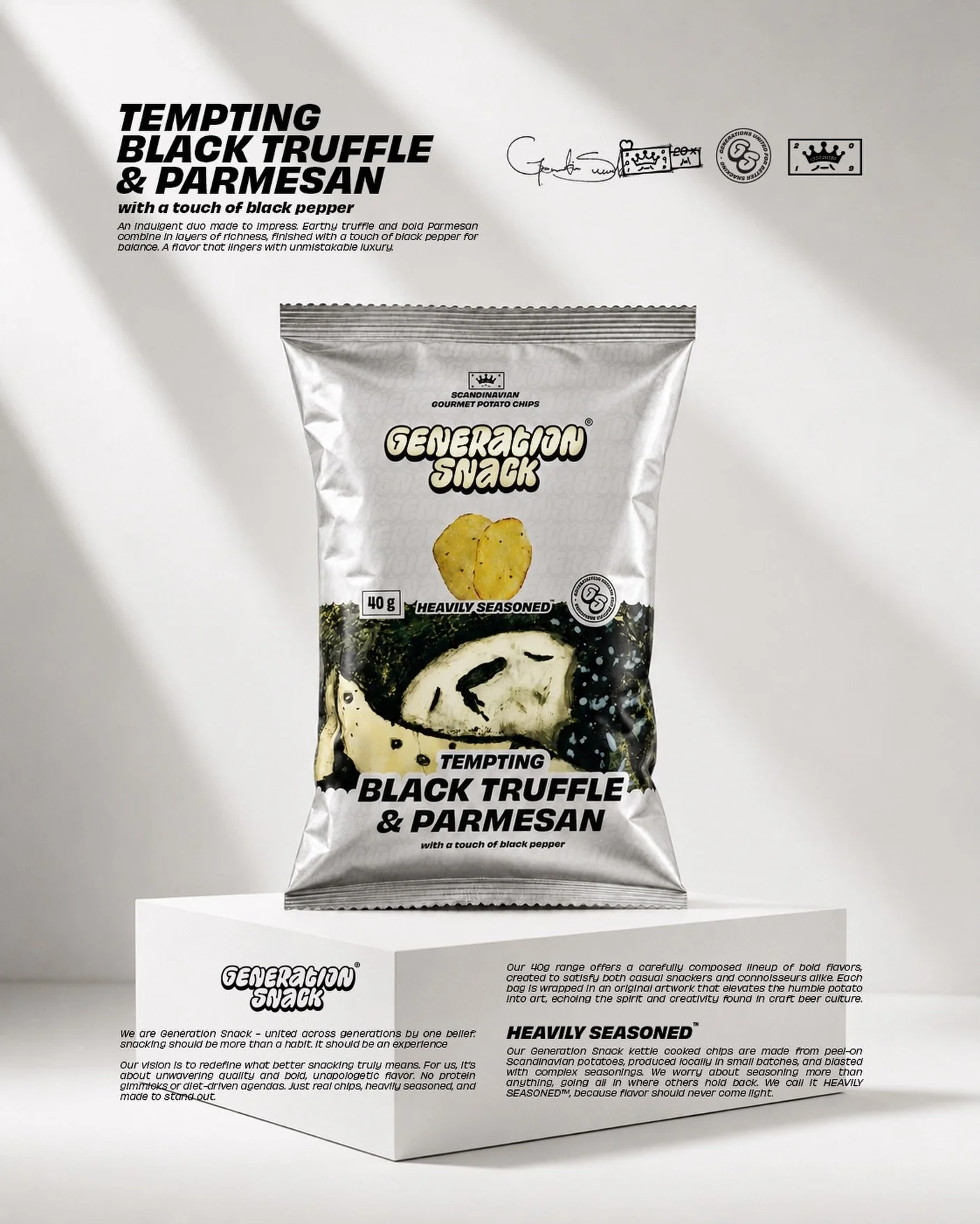 GENERATION SNACK FLAVOR # 4

TEMPTING BLACK TRUFFLE &amp; PARMESAN |  with a touch of black pepper

An indulgent duo made to impress. Earthy truffle and bold Parmesan combine in layers of richness, finished with a touch of black pepper for balance. A