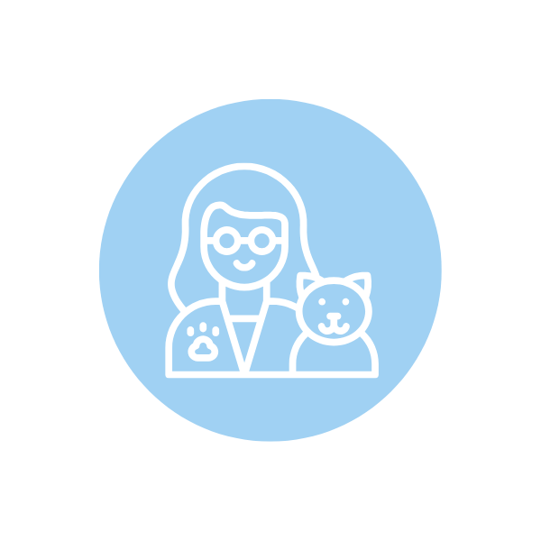A light blue circle with an outline illustration of a woman wearing glasses, smiling, with a cat and a dog beside her.