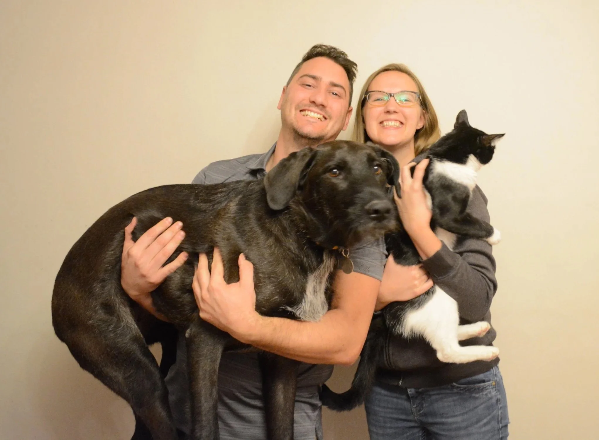 A couple holding their pets: a large dog and a tuxedo cat.
