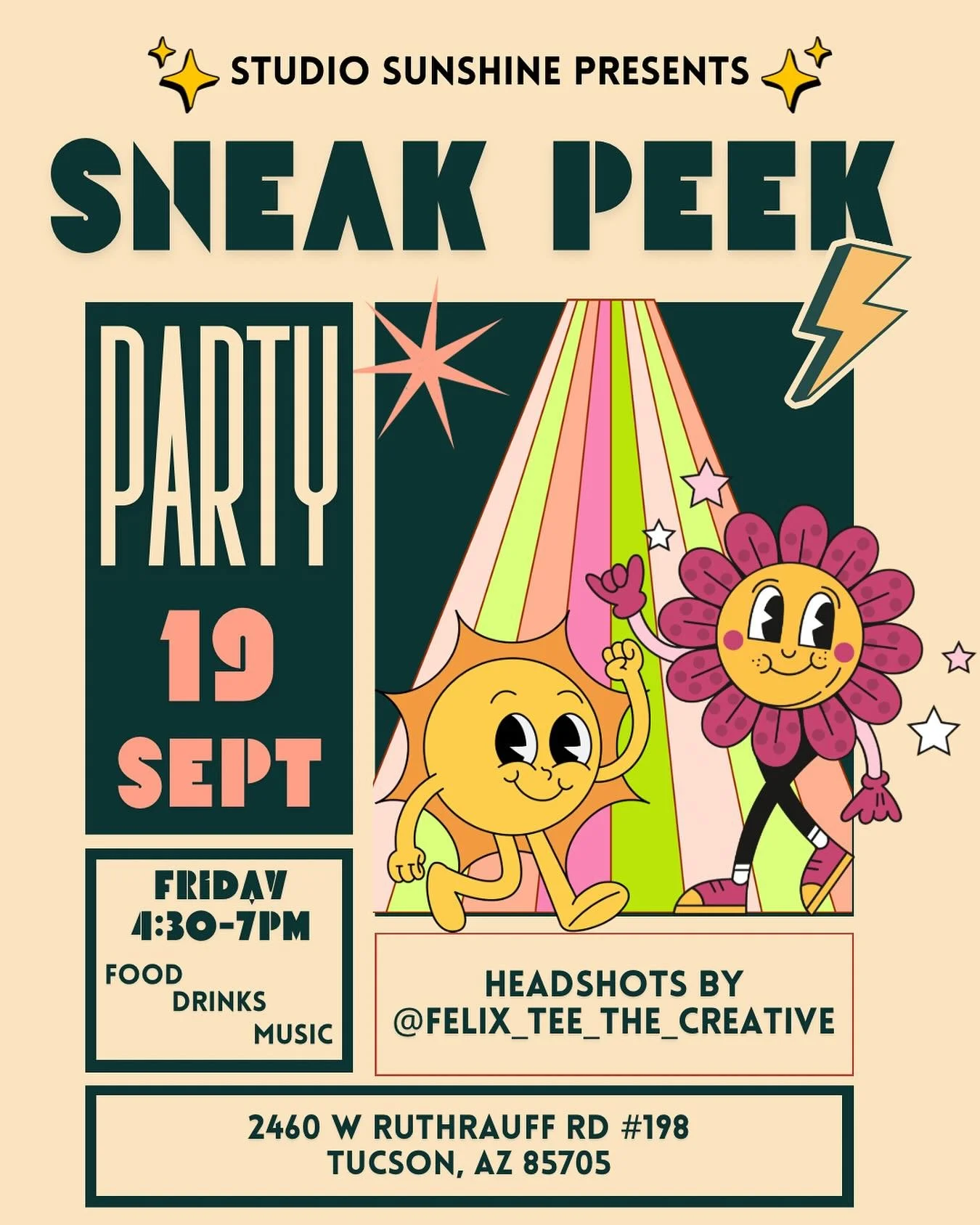 It&rsquo;s finally happening! Join us for a Sneak Peek Party at Studio Sunshine 🌞

🗓 Friday, Sept 19 | 4:30&ndash;7PM
📍 2460 W Ruthrauff Rd STE 198 Tucson, AZ

✨Come cool off in our AC
✨ Play with customizable lights
✨Glam it up &amp; get your hea