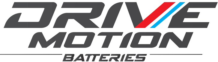 Logo of Drive Motion Batteries with stylized text in black, red, and blue.