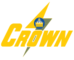 Logo of Crown Battery with yellow lightning bolt, blue crown, and white text on black background.