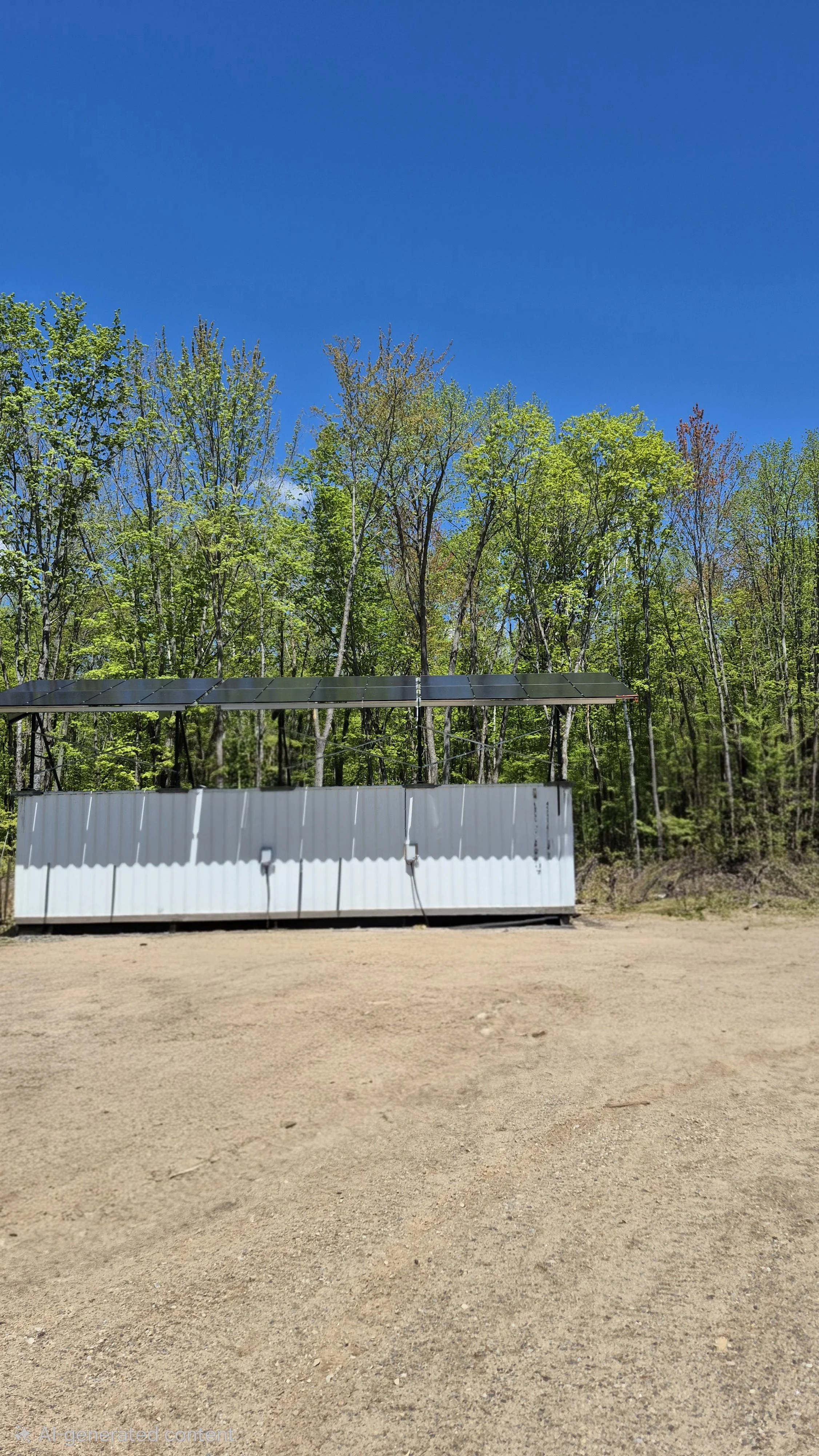 24 solar panels mounted on a shipping container roof in a forested area