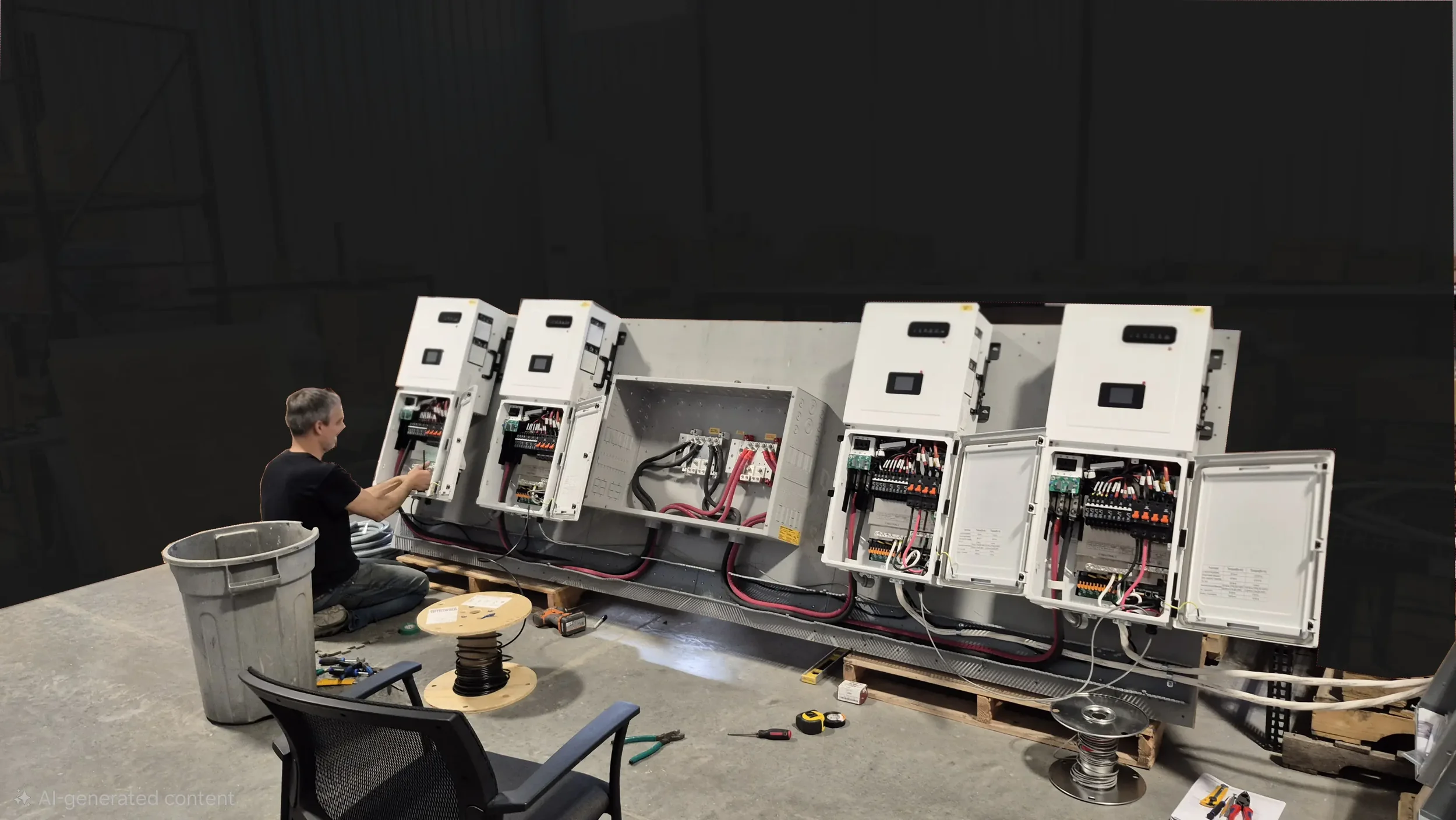 Technician assembling pre-assembled solar systems in the workshop