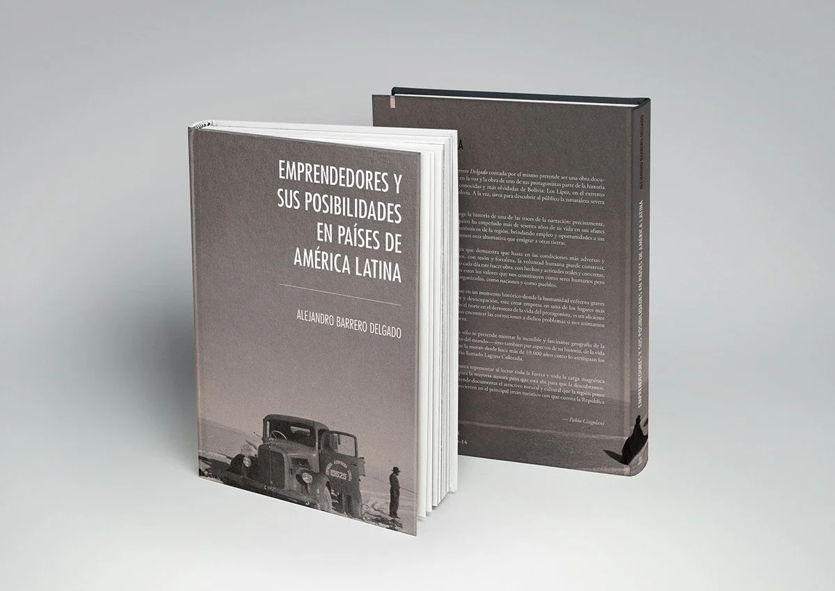 Front and back covers of a book titled 'Emprendedores y sus posibilidades en países de América Latina' by Alejandro Barrero Delgado, featuring a vintage truck and a person on the cover.