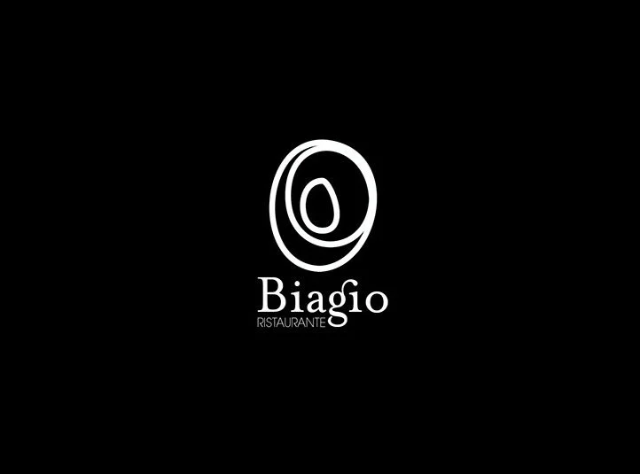 Black background with white logo and text for Biagio Italian Restaurant, featuring an abstract oval design and the restaurant's name.