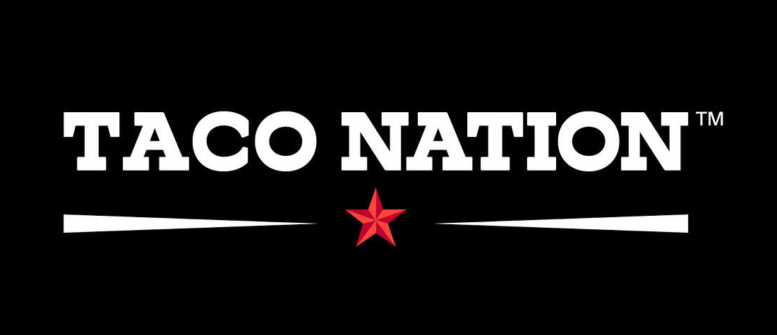 Taco Nation logo with bold white text, red star in the center, and black background.