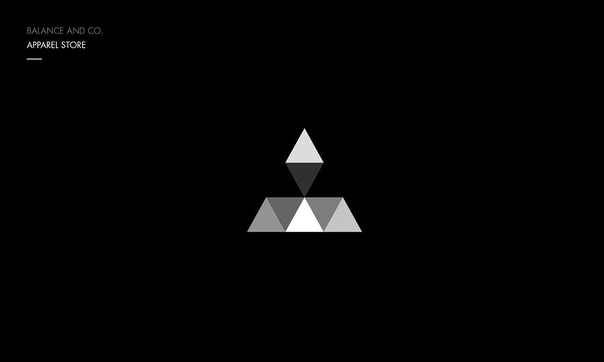Black background with white text reading "Balance and Co. Apparel Store." Centered geometric design of white and gray triangles forming a pyramid.