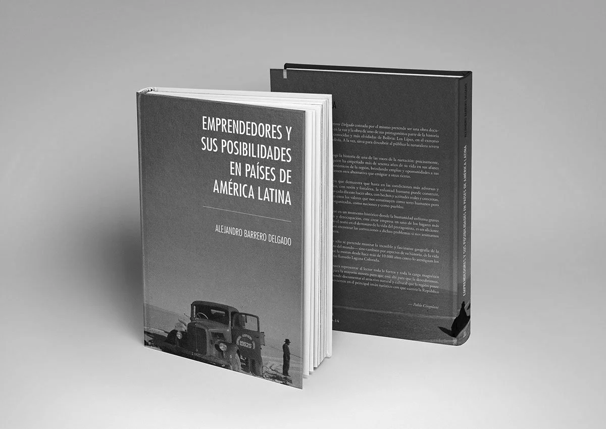 Two books standing upright, one front and one back cover visible. The front cover features a vintage truck and a person, with the title "Emprendedores y Sus Posibilidades en Países de América Latina" by Alejandro Barrero Delgado. The back cover has text and a small illustration of a man with a dog.