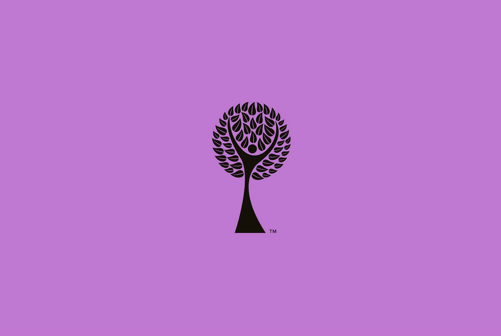 A purple background with a stylized black tree logo in the center, featuring leaves arranged in a circular pattern.