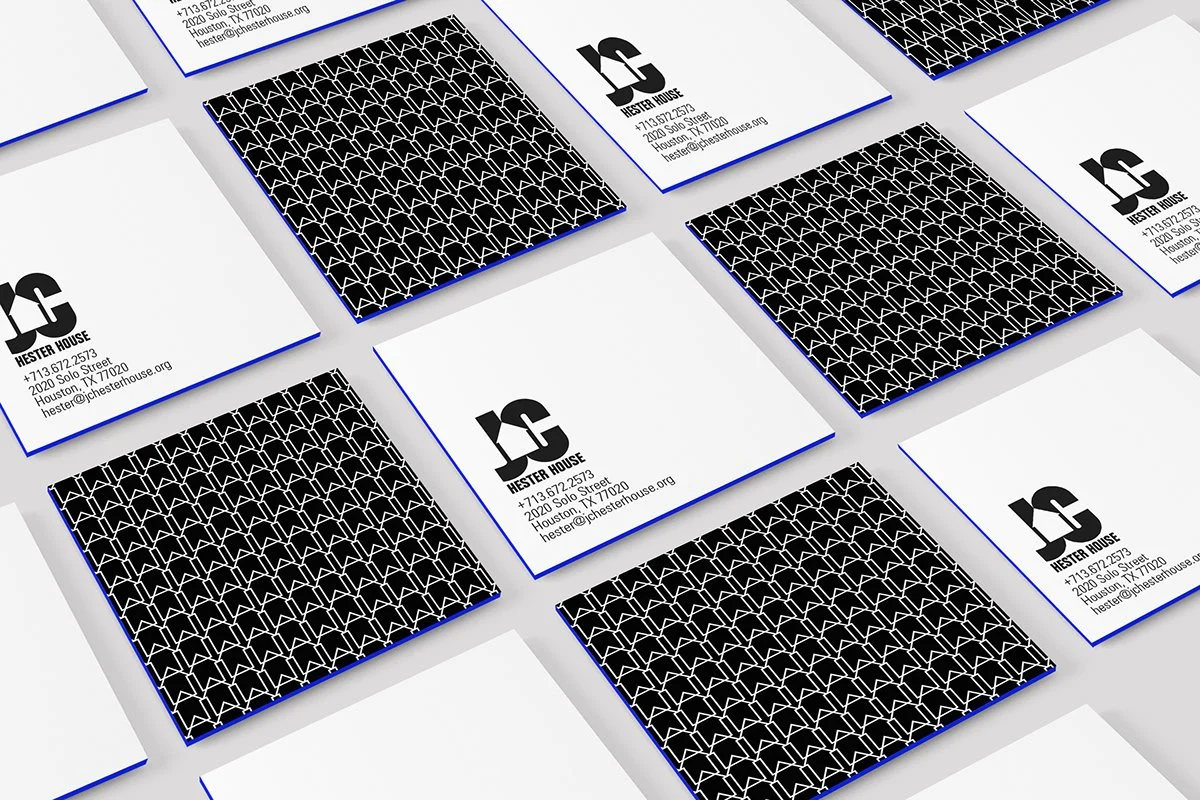 Business cards for Hester House with black and white geometric design on the back and contact information on the front.