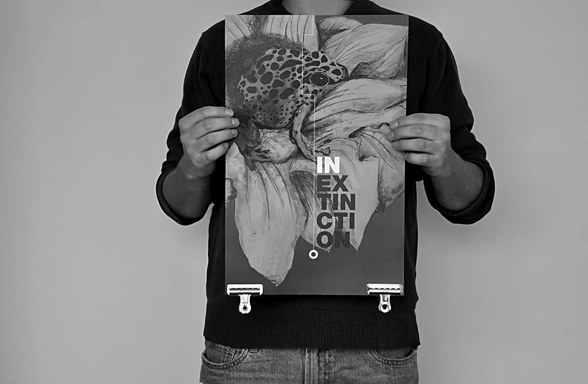 A red background with a white square near the top and a small black dot at the bottom hanging below the square.