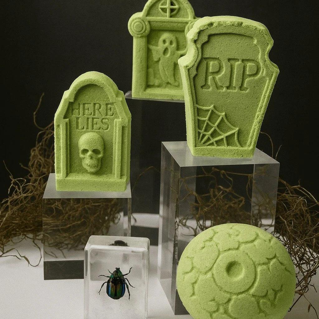 When the veil is thin, drop in the magic.
Steam rises, scents swirl, and shadows dance.
Each melt is a spell&mdash;protection, mystery, renewal.
Step into the ritual. 🌙✨🕯️

#halloween2025 #tombstone #showermelts #bathbombs #apple #hudsonvalley #pla