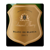 A champagne bottle label for Edmond Thery Blanc de Blancs Brut with a gold and green design.