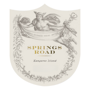 Illustration of a fairy tale scene with a fairy and a siren on a shield-shaped background with the text 'Springs Road' and 'Kangaroo Island'