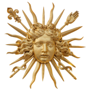 Gold decorative sun with a human face and radiating rays