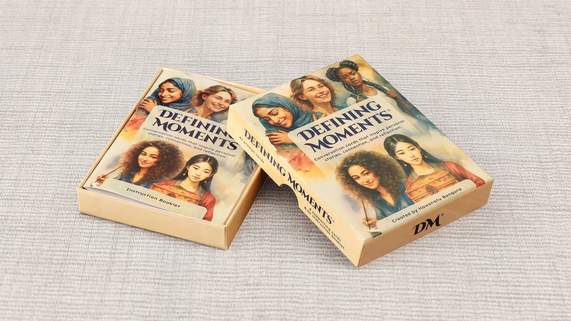 Image of Defining Moments deck of cards. Contains 40 prompt cards, 4 supporting cards & an instruction booklet.