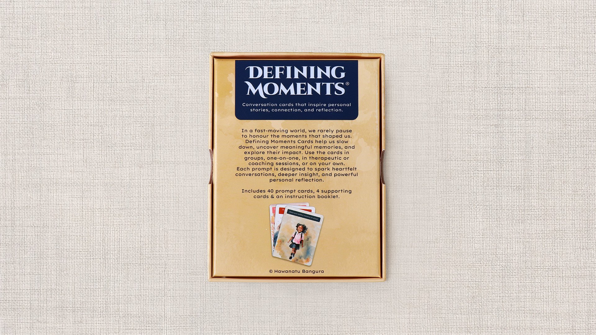 Image of Defining Moments deck of cards. Contains 40 prompt cards, 4 supporting cards & an instruction booklet.