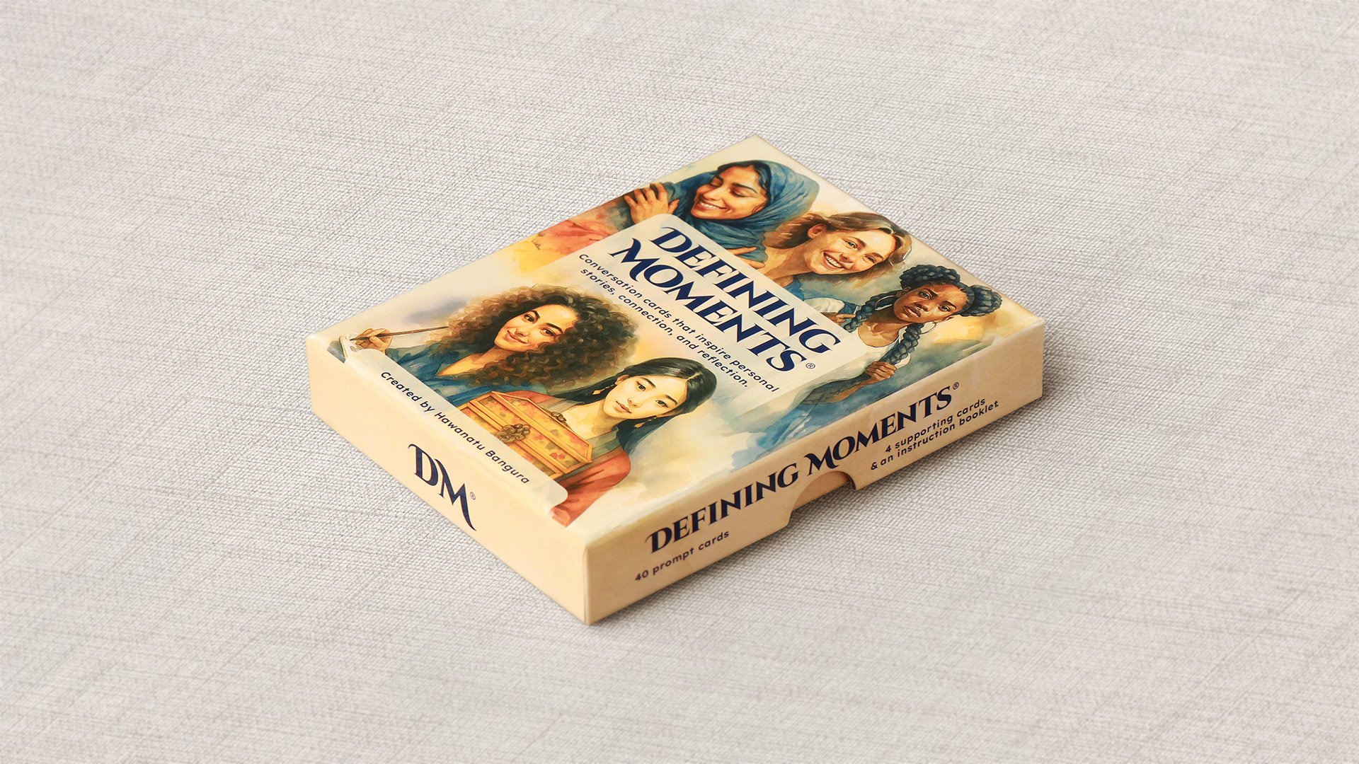 Image of Defining Moments deck of cards. Contains 40 prompt cards, 4 supporting cards & an instruction booklet.