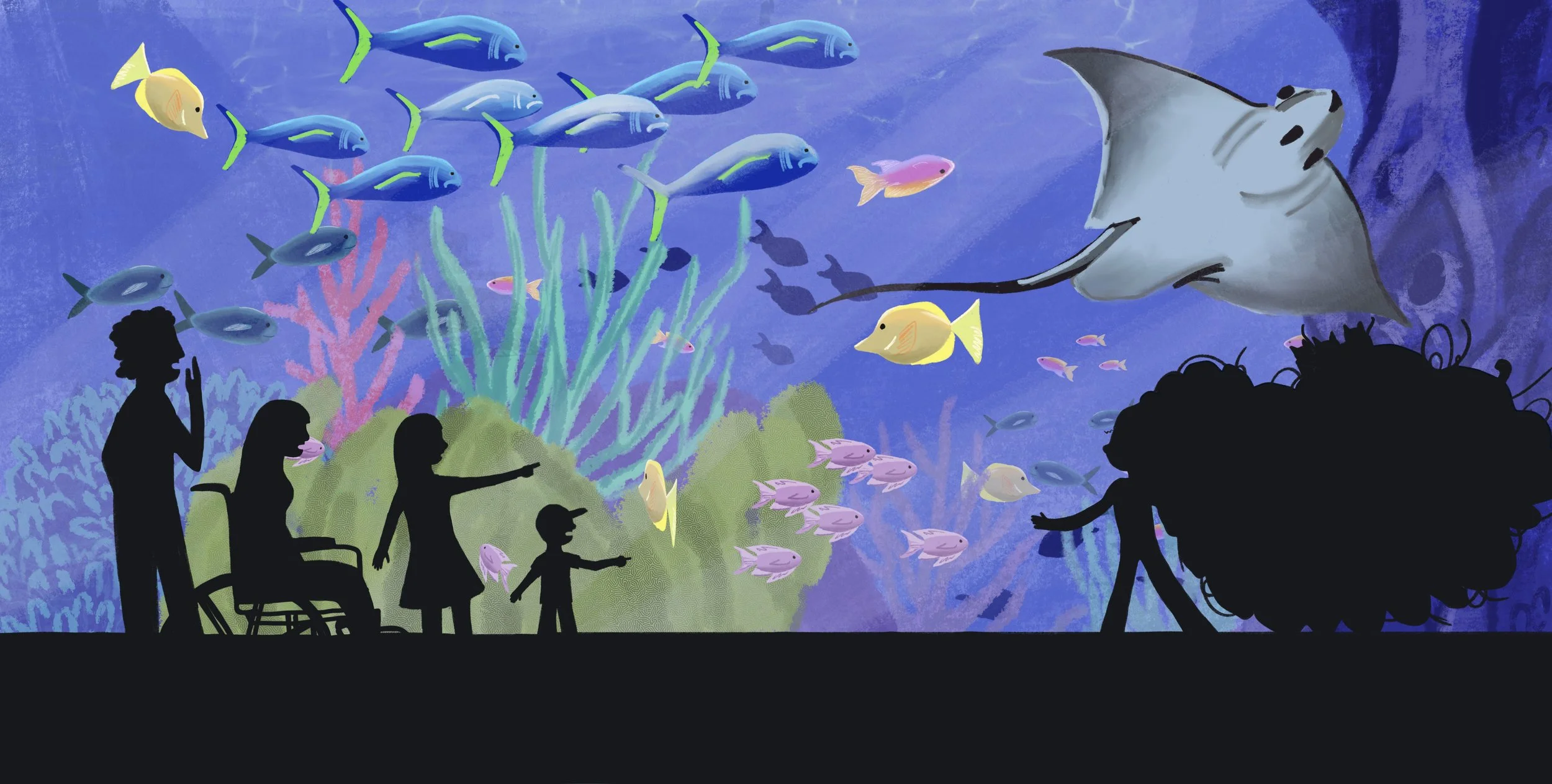 Silhouettes of five people, including a child in a wheelchair, watching a large aquarium with various colorful fish and a stingray swimming among coral and seaweed.