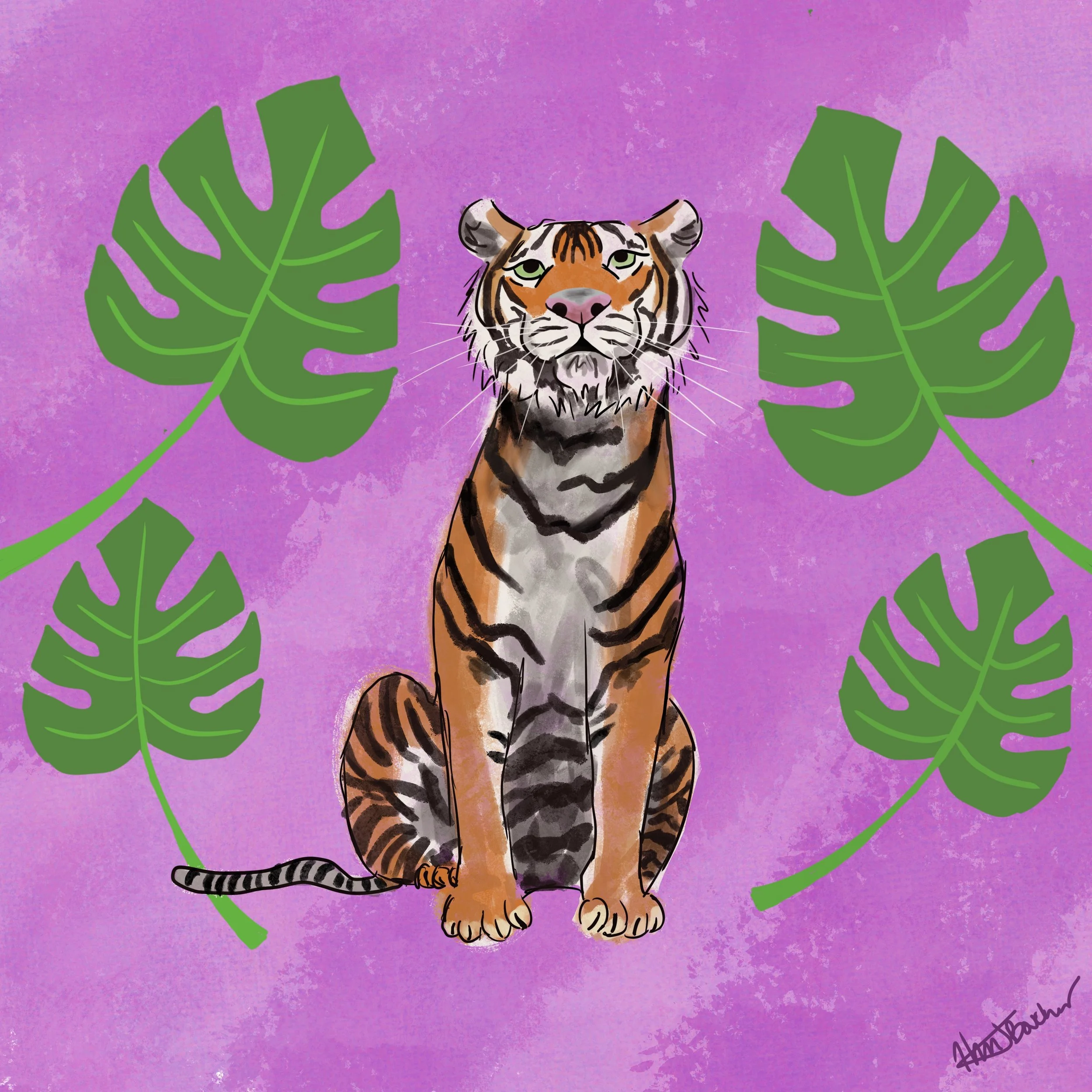 An illustration of a sitting tiger with green tropical leaves on either side, set against a pink textured background.