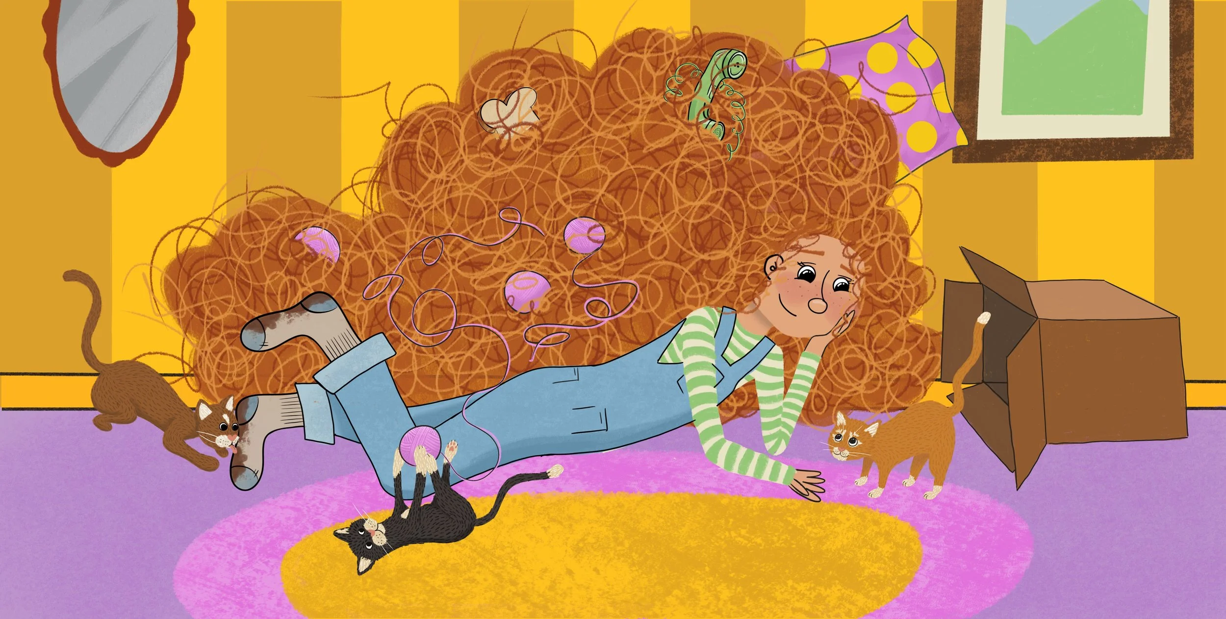 A girl with curly red hair lying on the floor, surrounded by scattered yarn and her three cats. She is smiling and watching TV, with some cats playing with her yarn and one near her head. The room has yellow walls, a purple carpet, a mirror, a window