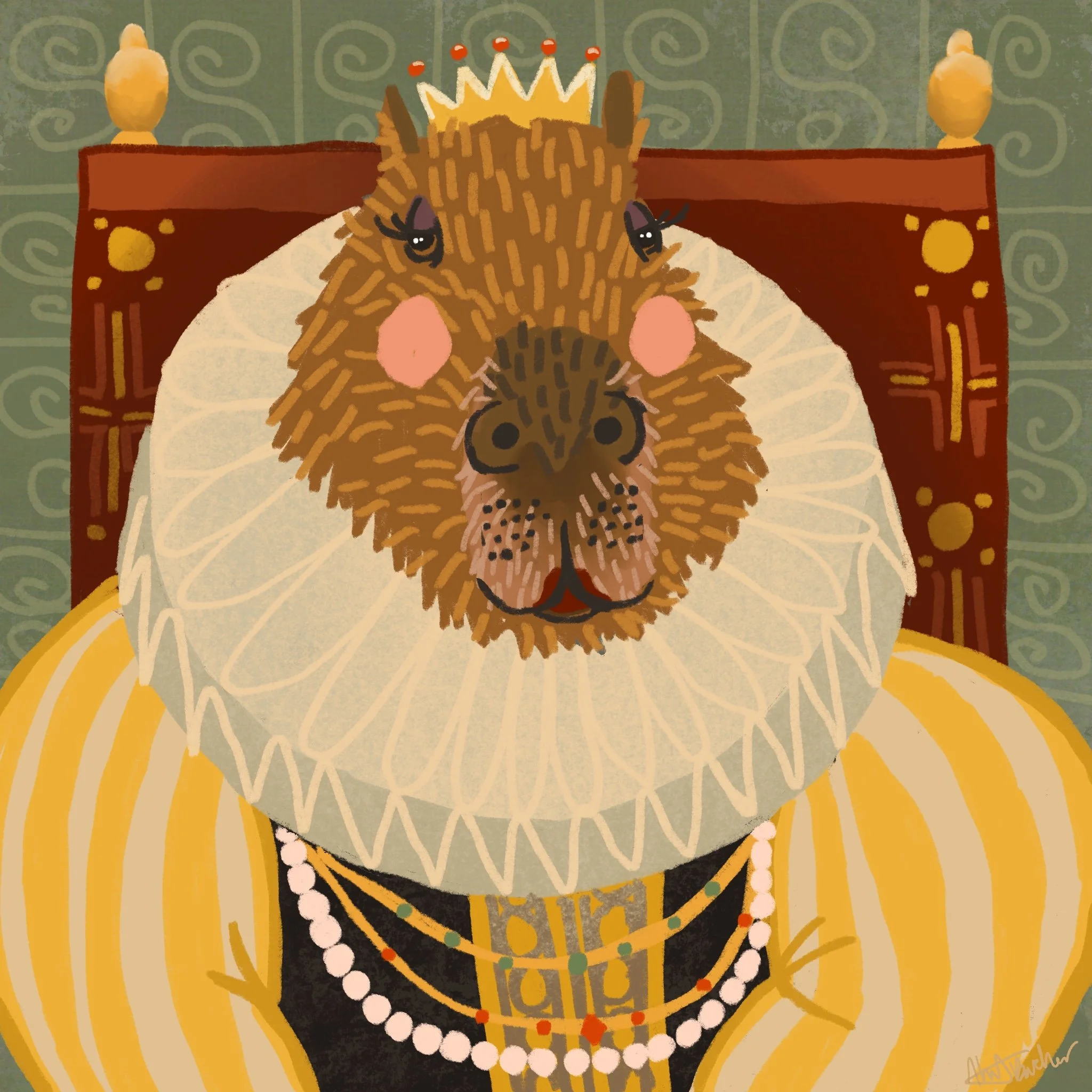 Queen Capybara! Someone asked me to draw a capybara, I won't lie, I didn't really know what they were. They are the oddest creatures and they have the smuggest little faces, it reminded me of portraits of old medieval queens and their smug faces, thu