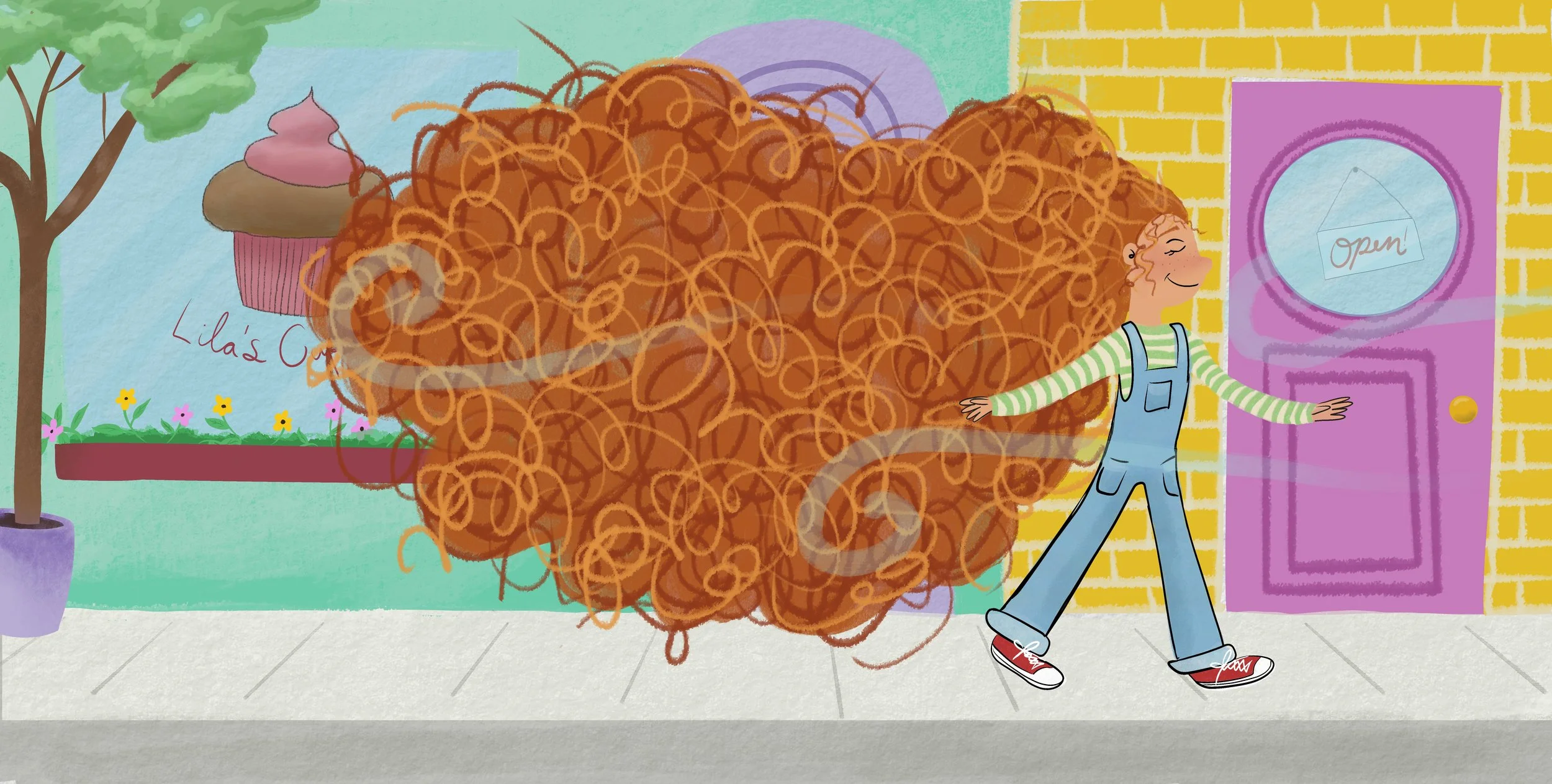 A person with curly red hair, wearing overalls and a striped shirt, walking out of a door labeled 'Open' with a large, tangled ball of red hair behind them.