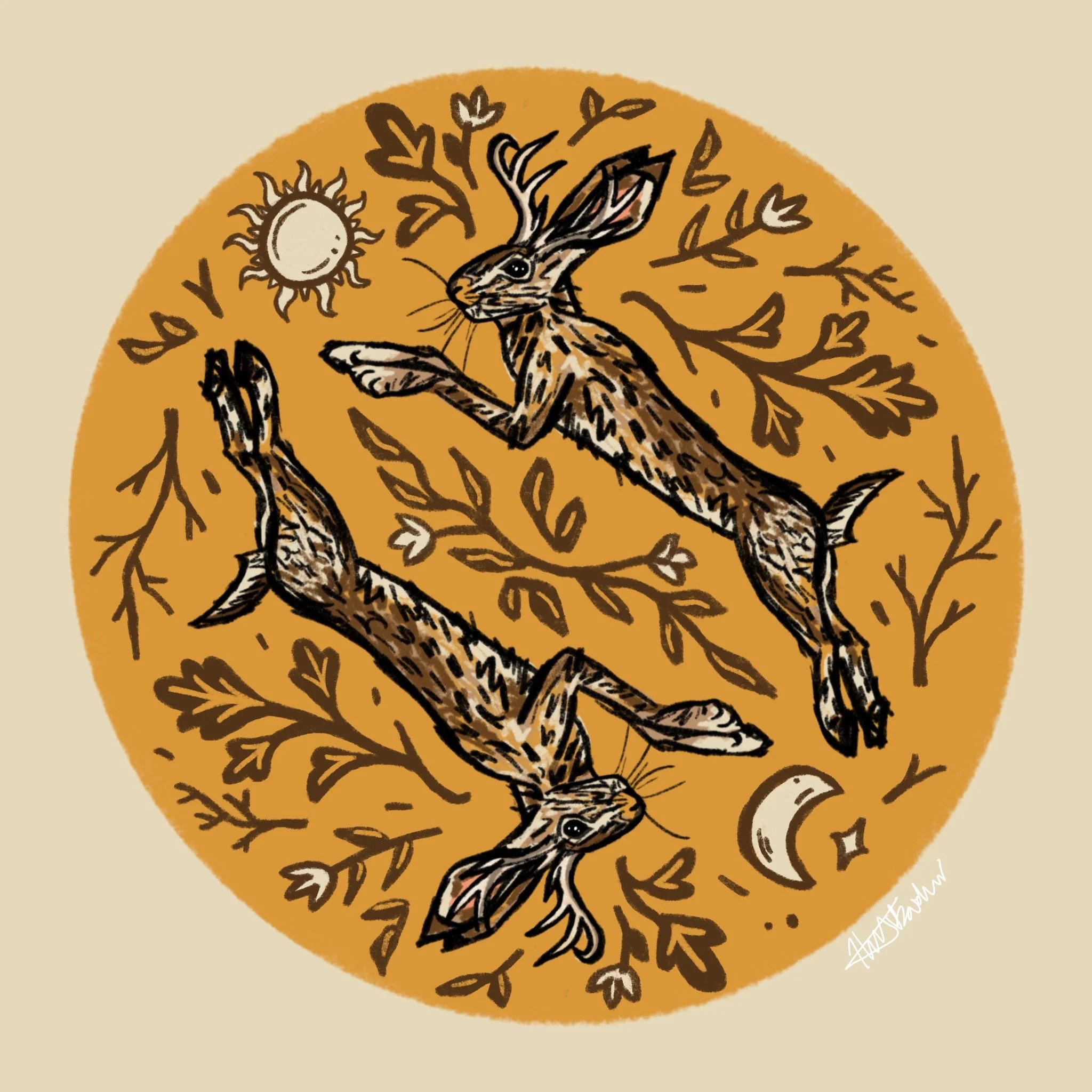 Autumn Jackelope was inspired by some folk art I saw. I love the folk art style, it's inspired a lot of my work. Autumn is my favorite time of year i wish it could be fall for six months, and I also love jackelopes. I have a small suspicion that mayb